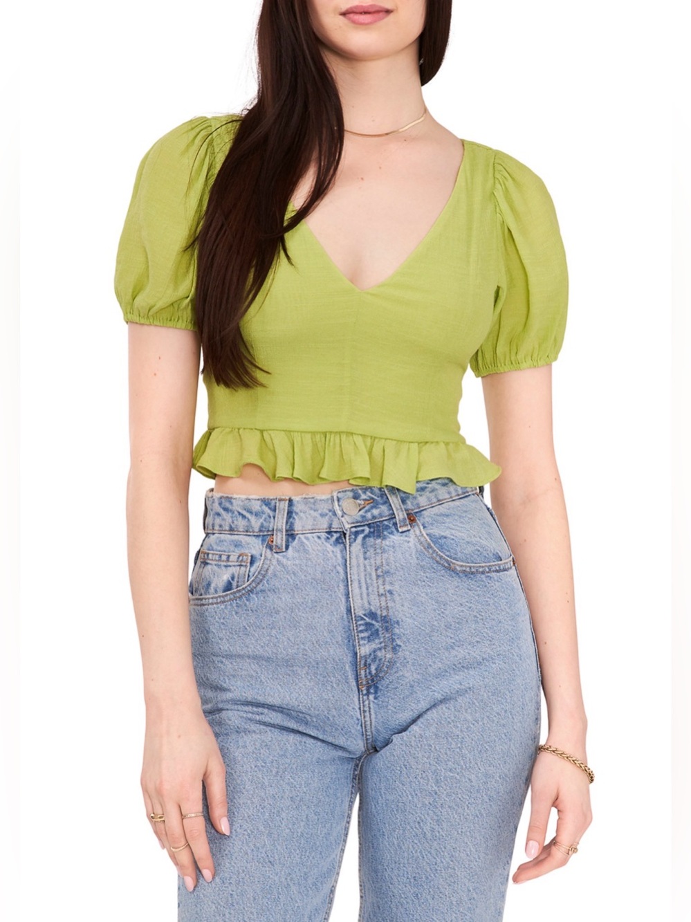 1STATE Cropped V-Neck Ruffle Peplum Top - Green
